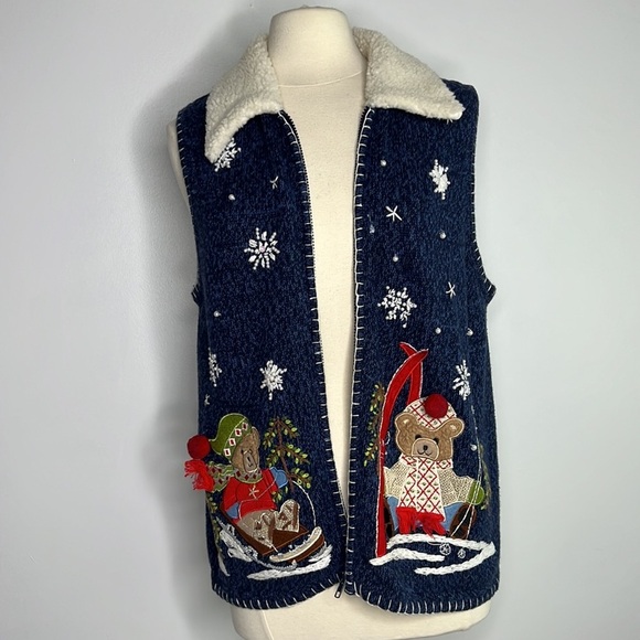 Kikit Teddy Bear cute navy blue Christmas Sweater Vest Holiday Cardigan large - Picture 1 of 11